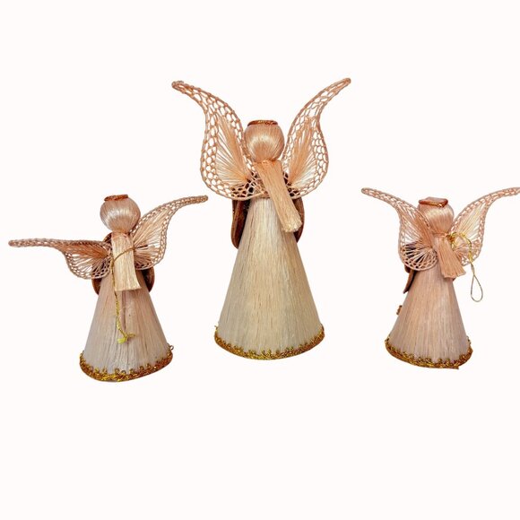 Folk Art Straw Angel Choir Figurines Set Vintage Raffia Christmas Angels Decor - Picture 2 of 11